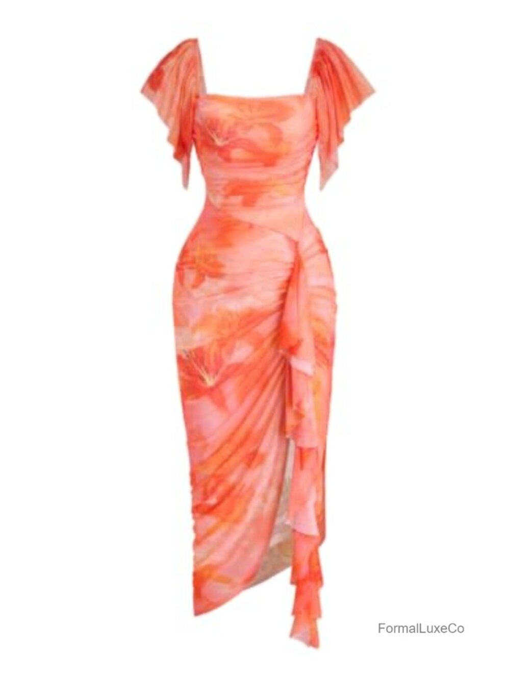 Plus Size Floral Midi Dress Square Neck Ruffle Slit Bodycon Beach